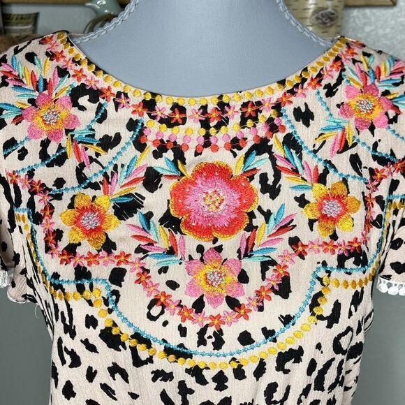 Savanna Jane Animal Print Mocha Black Floral Embroidery Romper - Picture 4 of 13